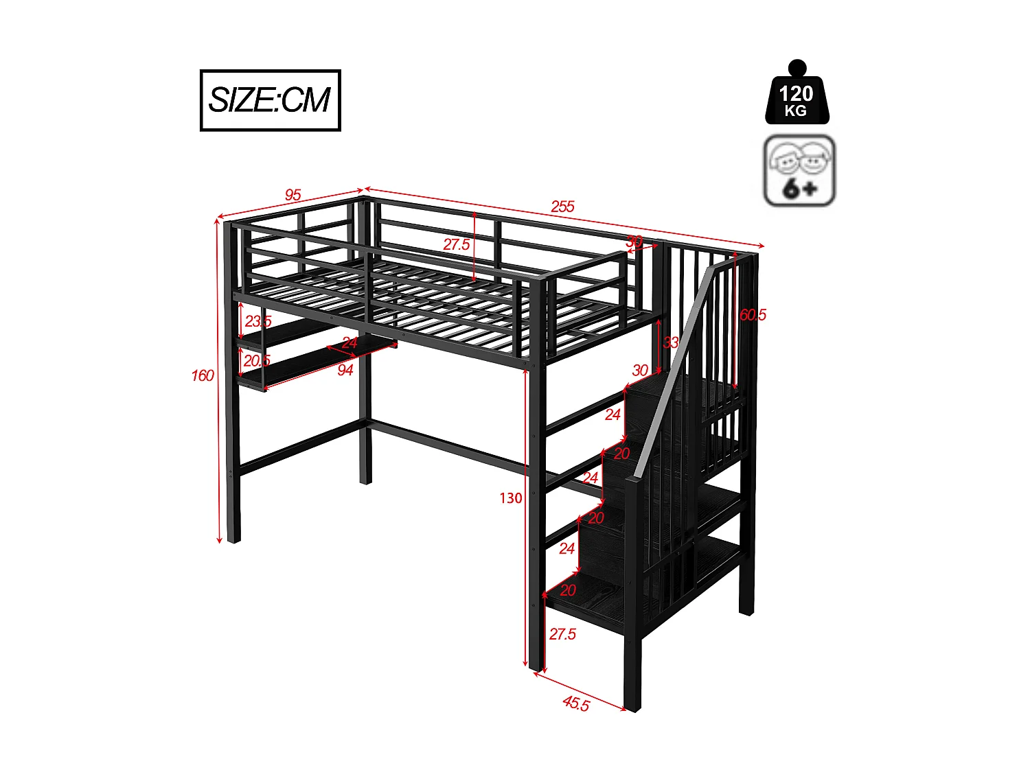 Cama mezanino 90x200 cm em MDF metálico com arrumação, prateleiras e zona de brincar em preto