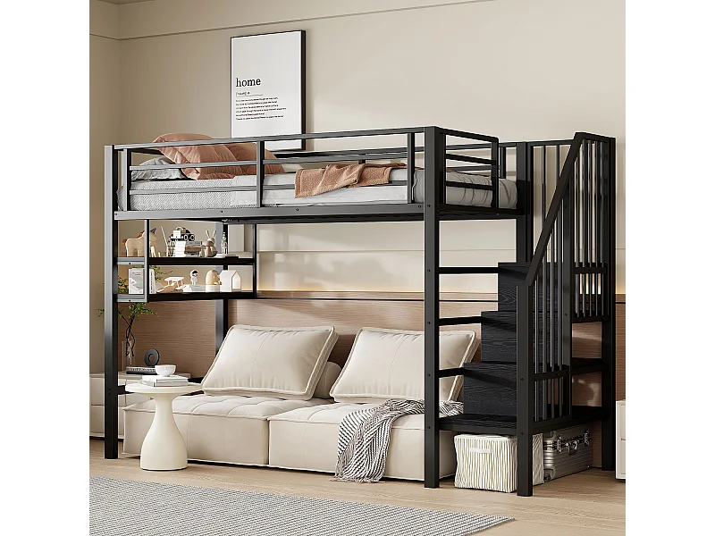 Cama mezanino 90x200 cm em MDF metálico com arrumação, prateleiras e zona de brincar em preto