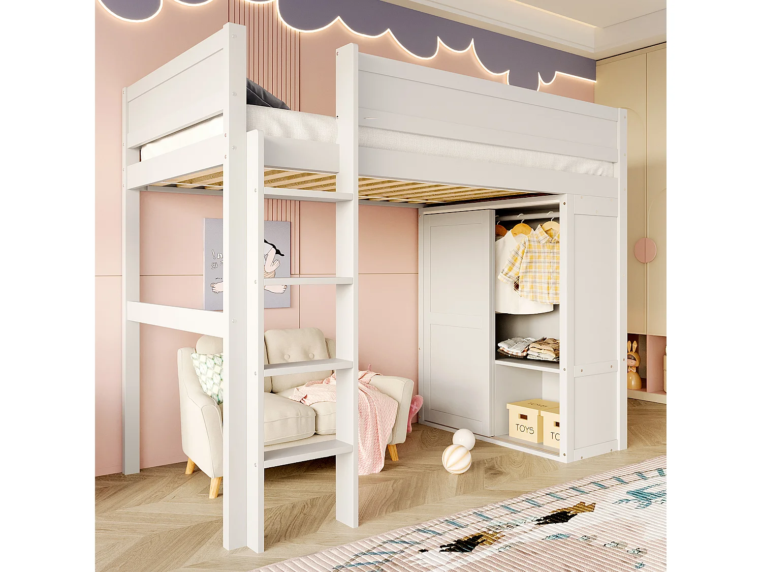 Cama alta de madera maciza de 90x200cm con almacenaje, armario empotrado y espacio libre debajo de la cama, color blanco