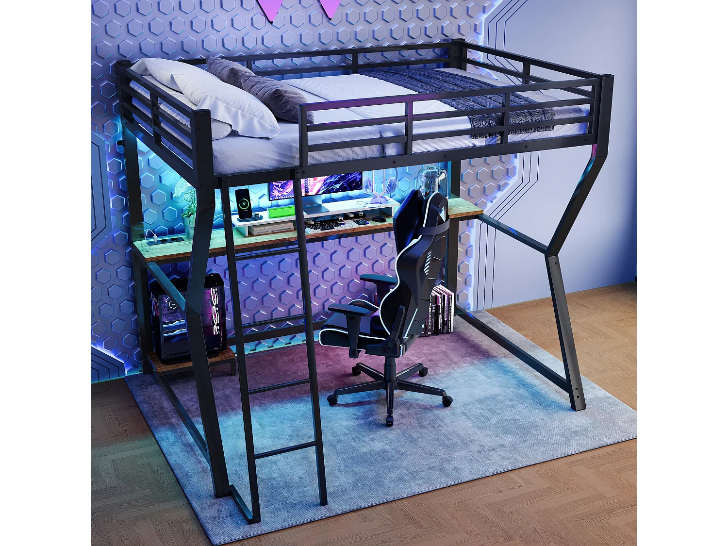 Cama mezanino de metal 90x200 com mesa de LED e tomadas para crianças/adolescentes, preta