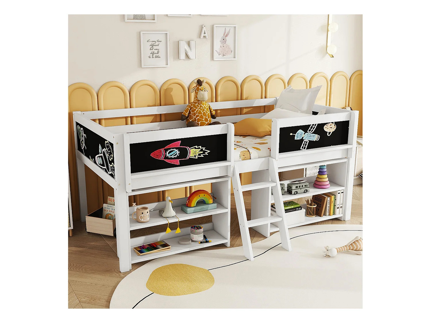 Cama mezanino infantil 90x200 cm madeira com arrumação e quadro branco