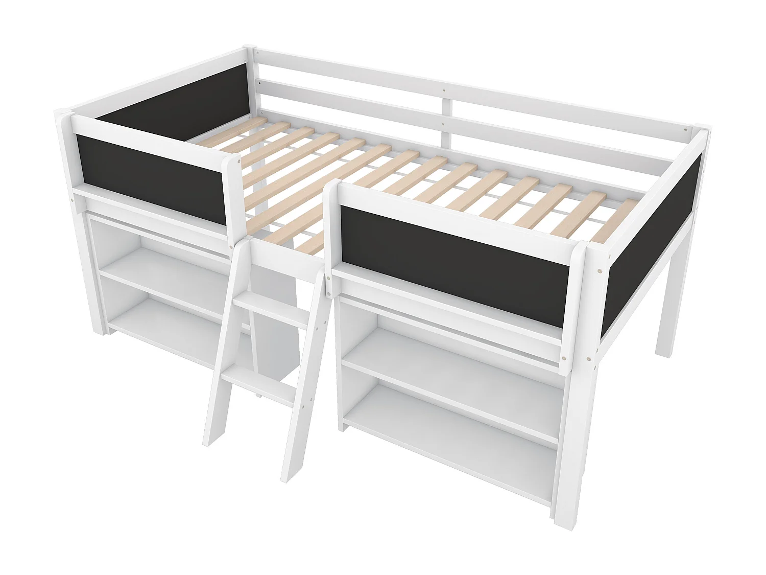 Cama mezanino infantil 90x200 cm madeira com arrumação e quadro branco