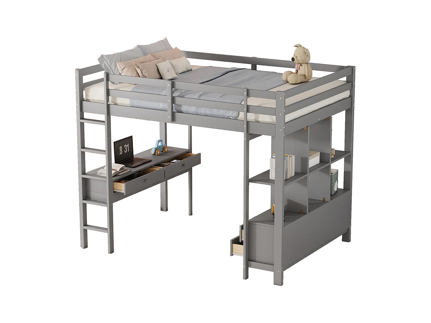 Soppalco illuminato 140x200 cm enfant en bois avec Bureau et tiroirs, sans matelas, gris