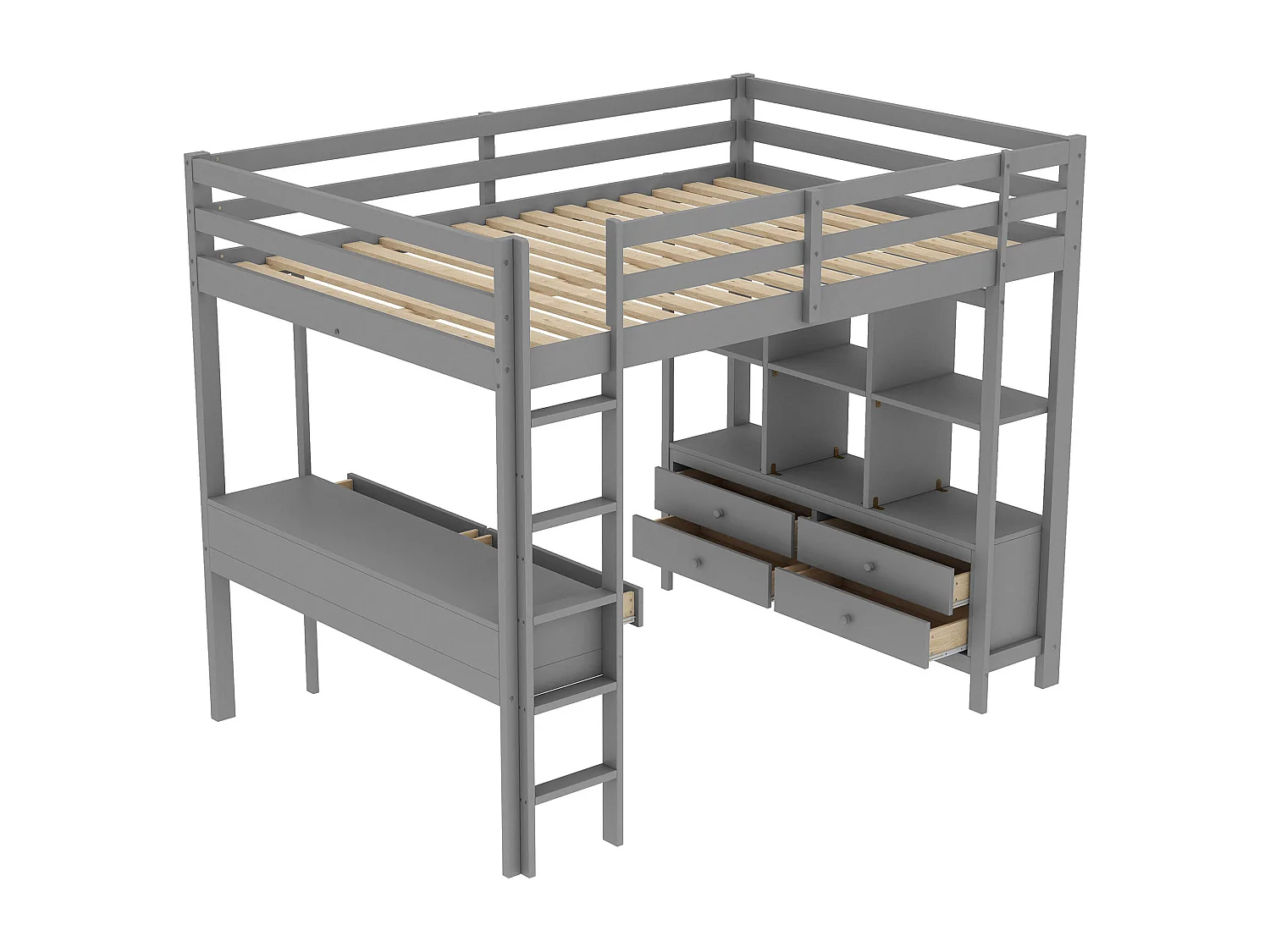 Soppalco illuminato 140x200 cm enfant en bois avec Bureau et tiroirs, sans matelas, gris