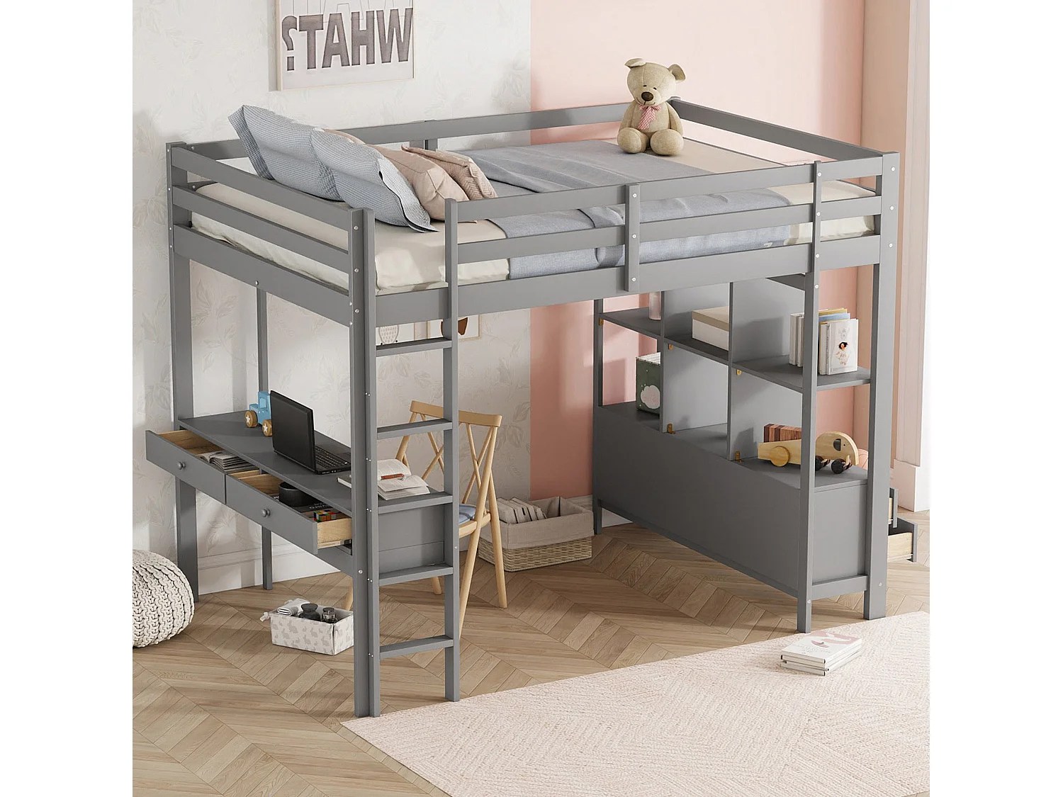 Cama alta infantil de madera de 140x200 cm con escritorio y cajones, sin colchón, color gris