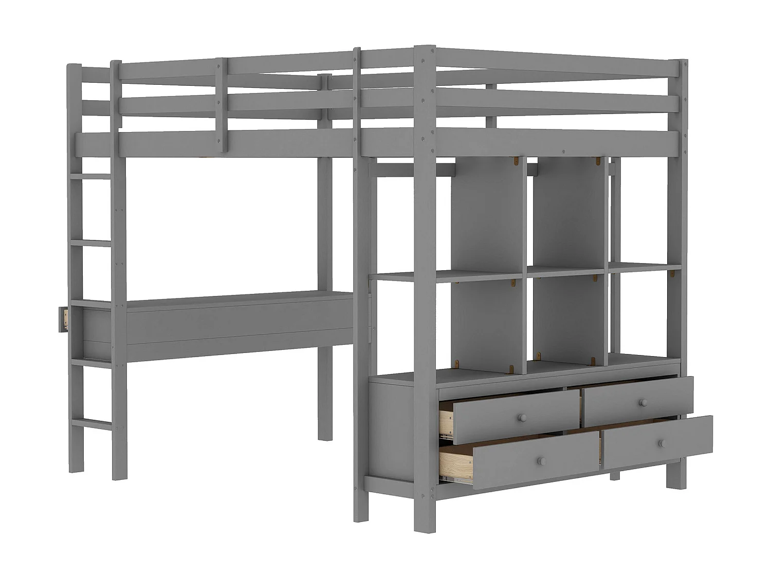 Cama alta infantil de madera de 140x200 cm con escritorio y cajones, sin colchón, color gris