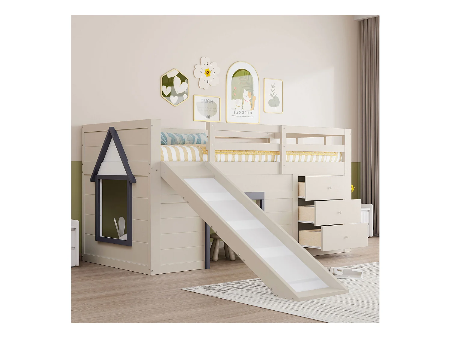 Cama mezanino de madeira maciça de 90x200 cm com corrediça, arrumação e portas creme
