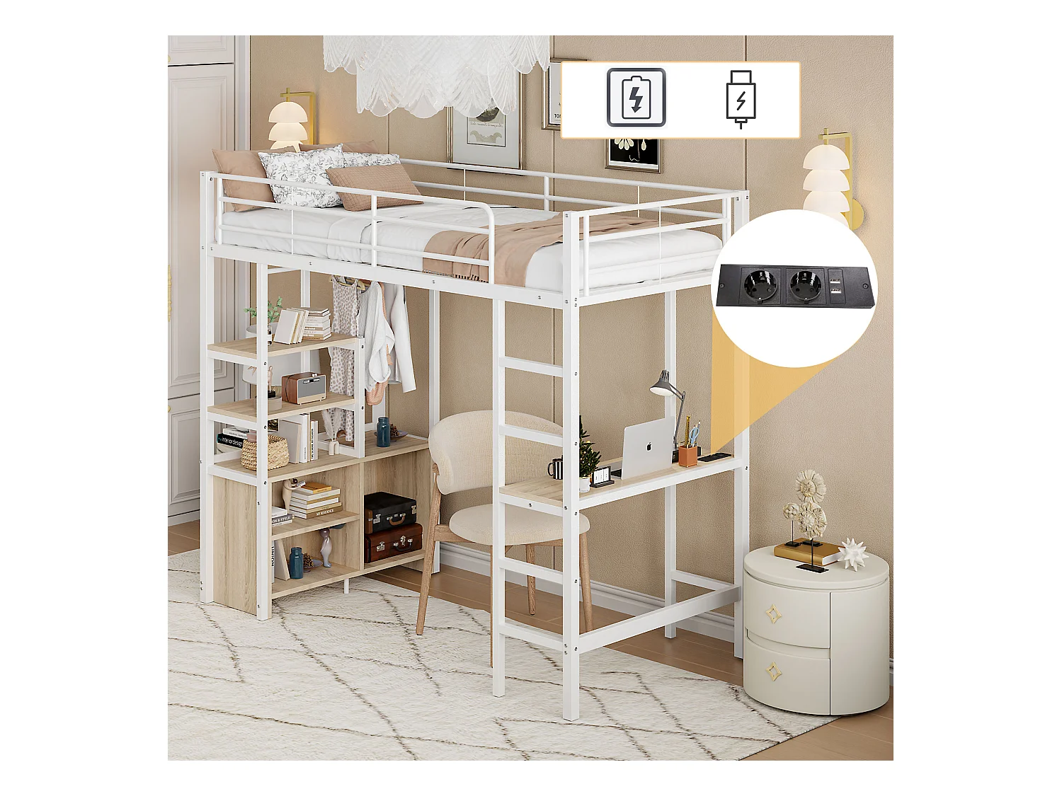 Soppalco illuminato 90x200 metallo bianco con scrivania, ripiani, USB e rangement