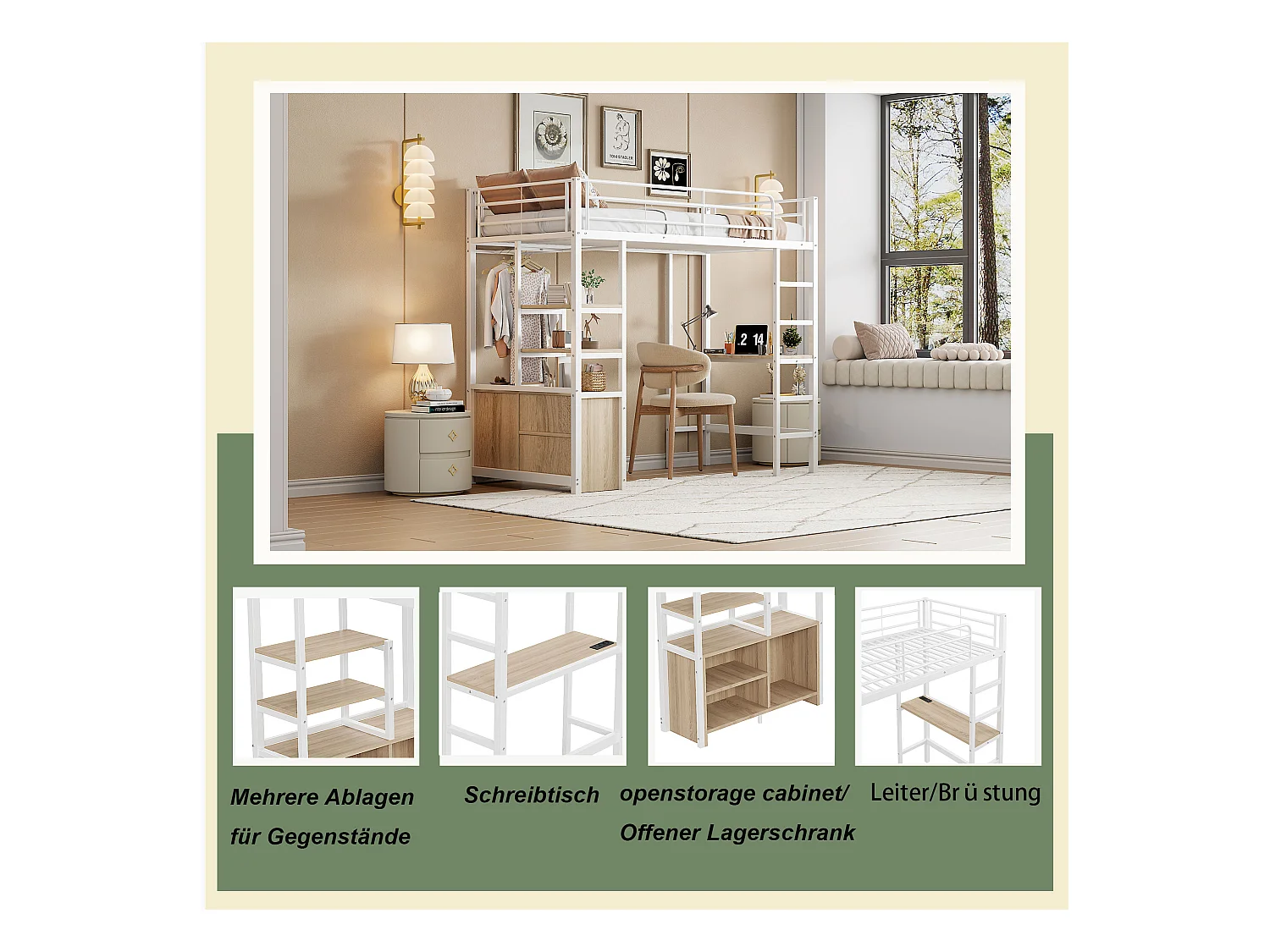 Soppalco illuminato 90x200 metallo bianco con scrivania, ripiani, USB e rangement