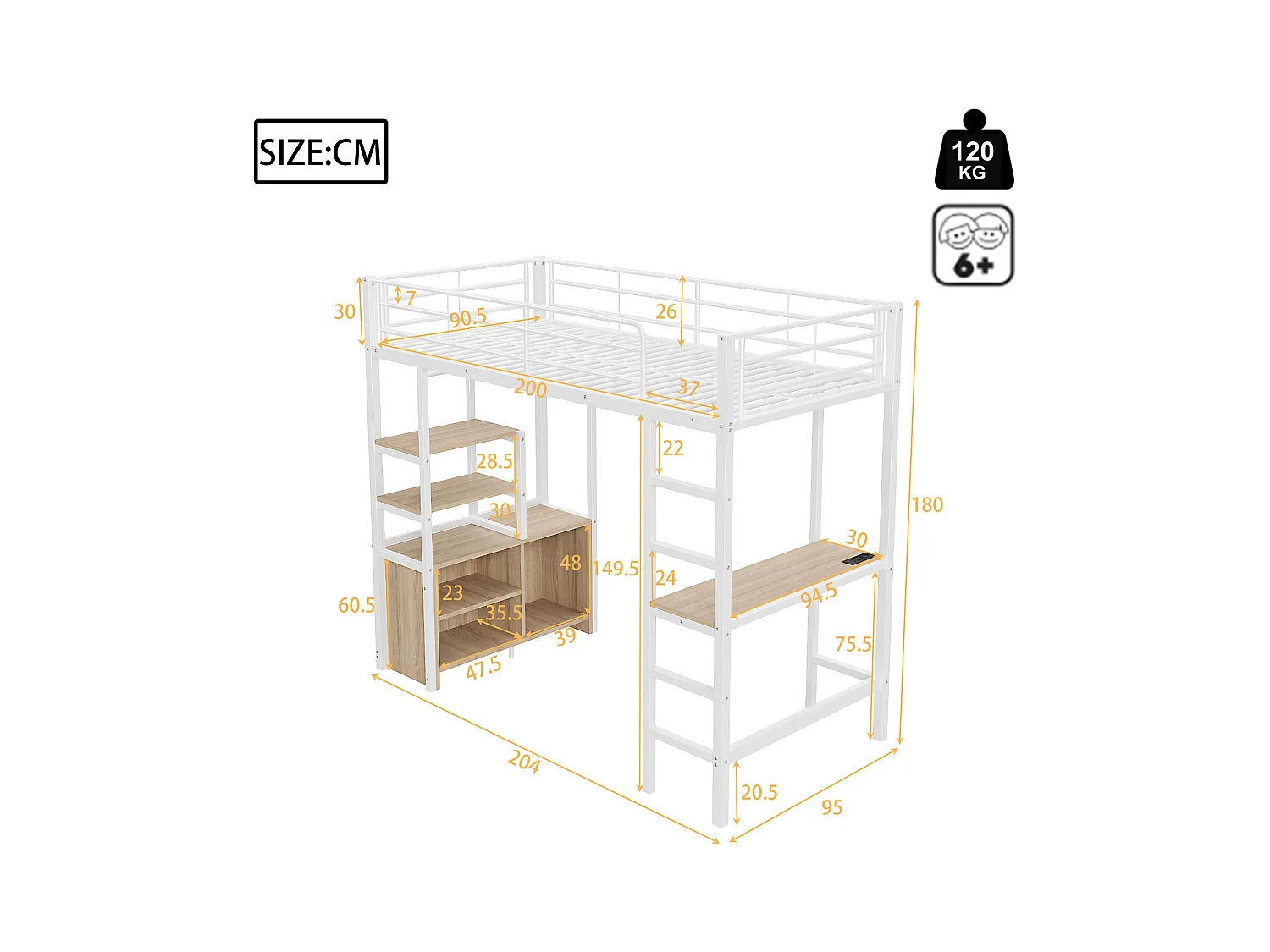 Soppalco illuminato 90x200 metallo bianco con scrivania, ripiani, USB e rangement