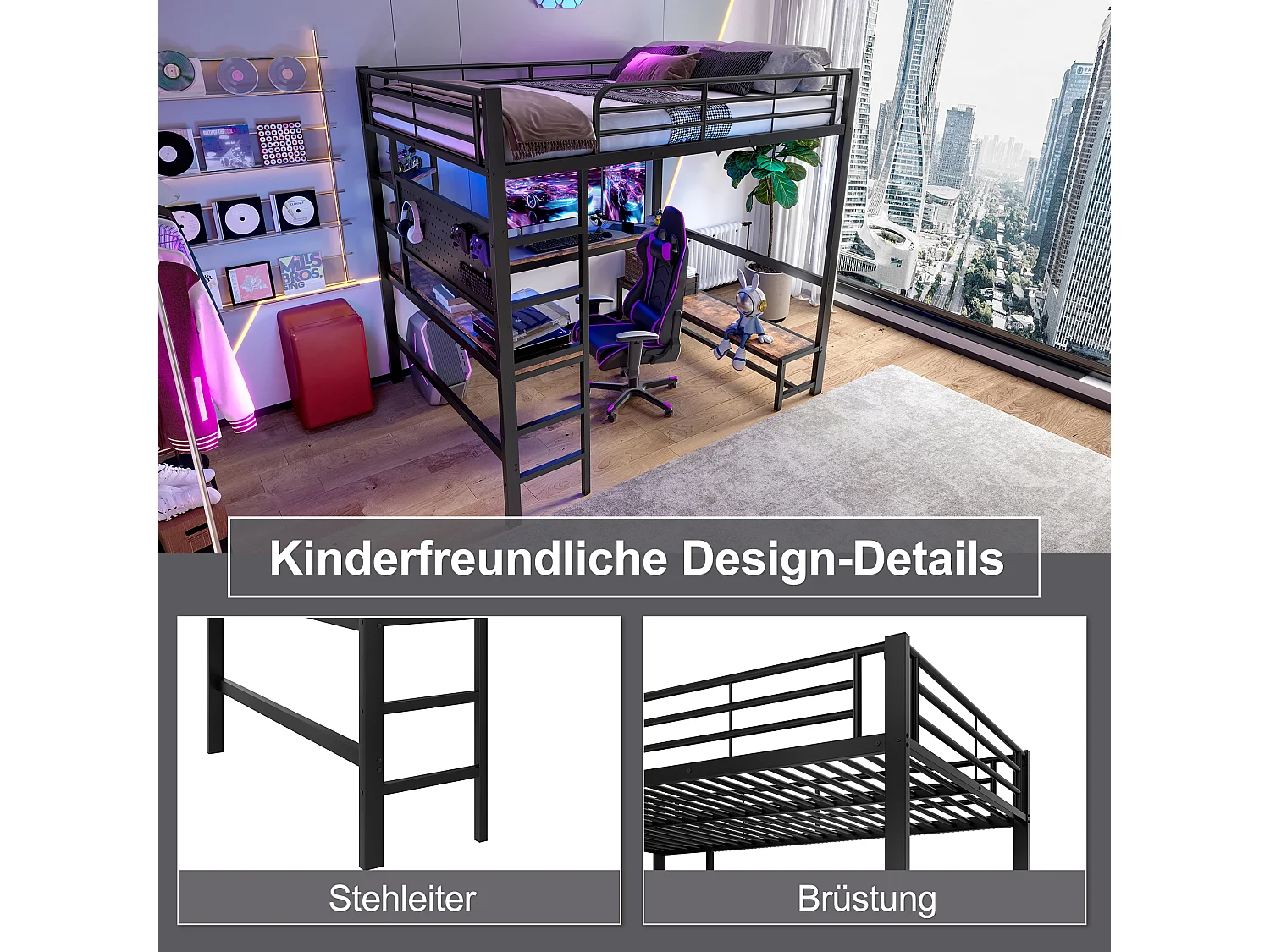 Soppalco illuminato 140x200 cm in metallo con scrivania rangements LED USB Type-C échelle noir