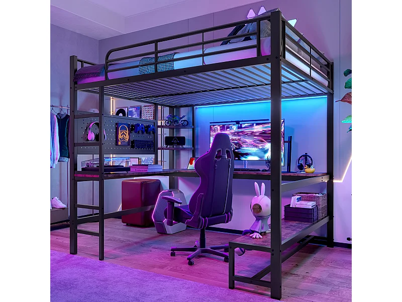 Soppalco illuminato 140x200 cm in metallo con scrivania rangements LED USB Type-C échelle noir