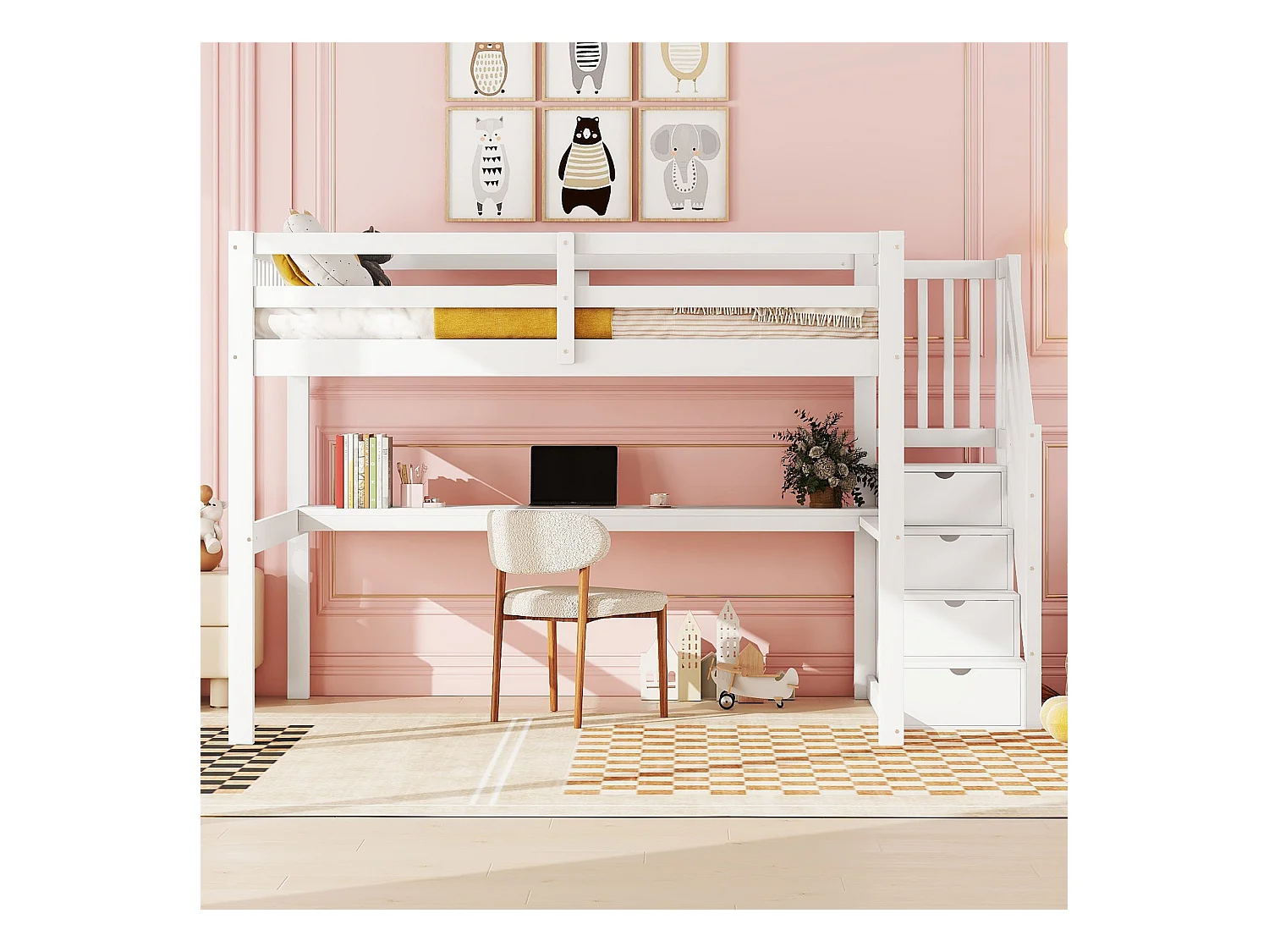 Cama alta de madera maciza de 140x200 cm con escritorio y almacenaje en color blanco