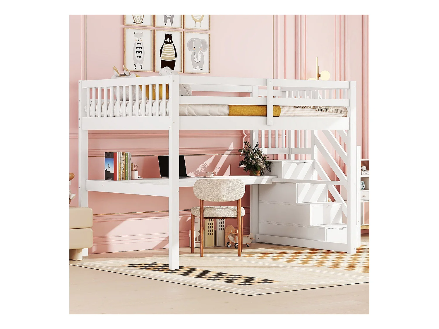 Cama alta de madera maciza de 140x200 cm con escritorio y almacenaje en color blanco