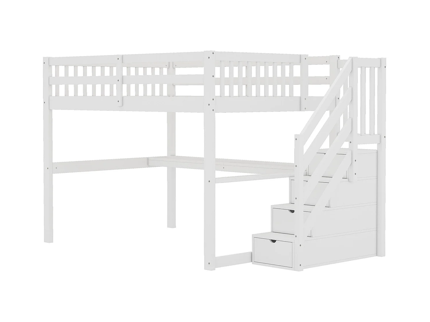 Cama alta de madera maciza de 140x200 cm con escritorio y almacenaje en color blanco