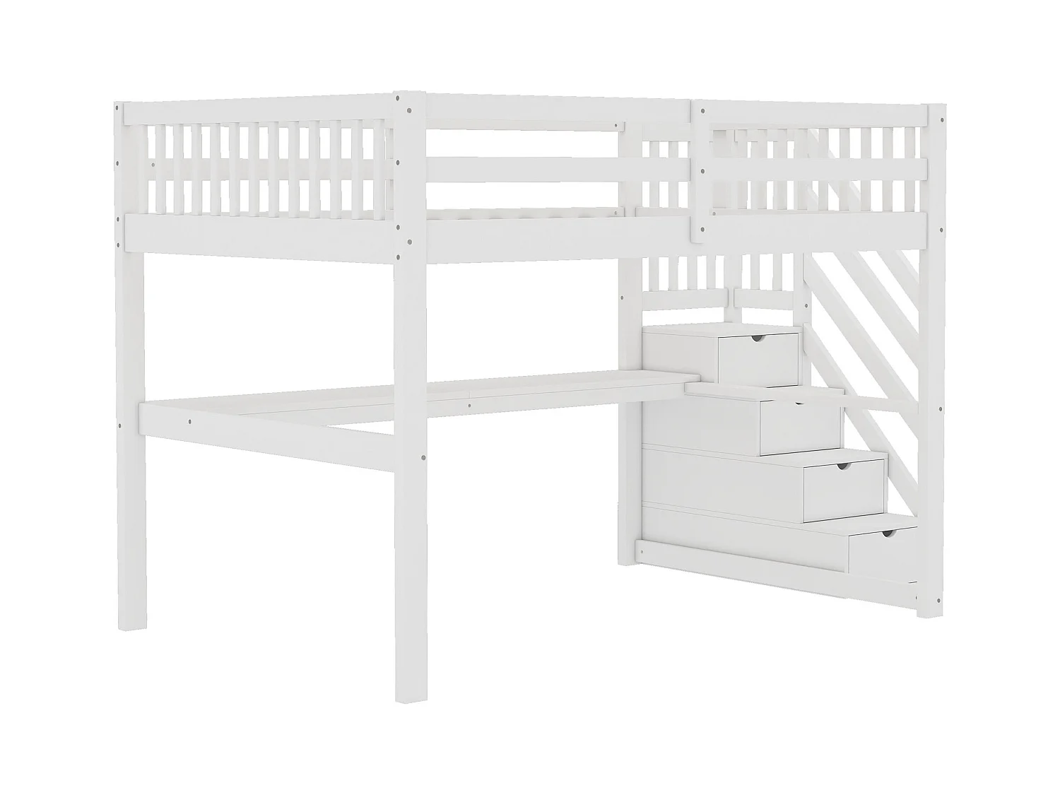 Cama alta de madera maciza de 140x200 cm con escritorio y almacenaje en color blanco