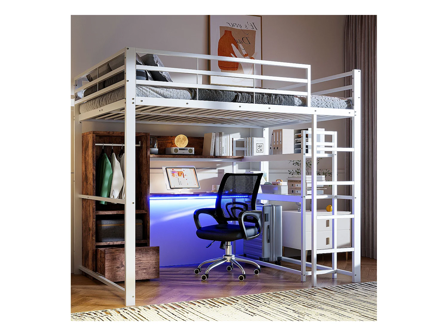 Cama mezanino de metal 140x200 cm com escrivaninha, armazenamento, LED, escada de design, branca