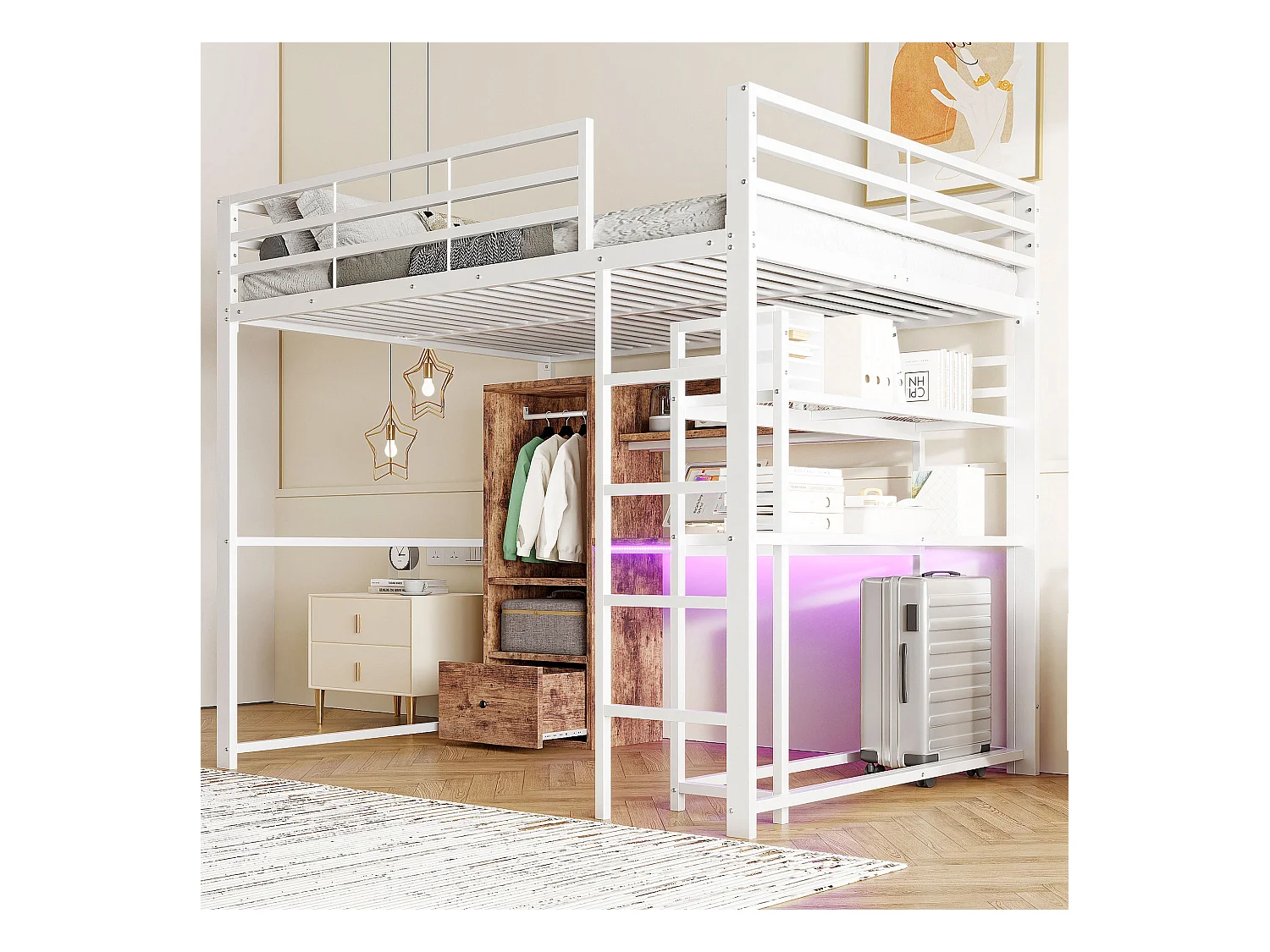 Cama mezanino de metal 140x200 cm com escrivaninha, armazenamento, LED, escada de design, branca