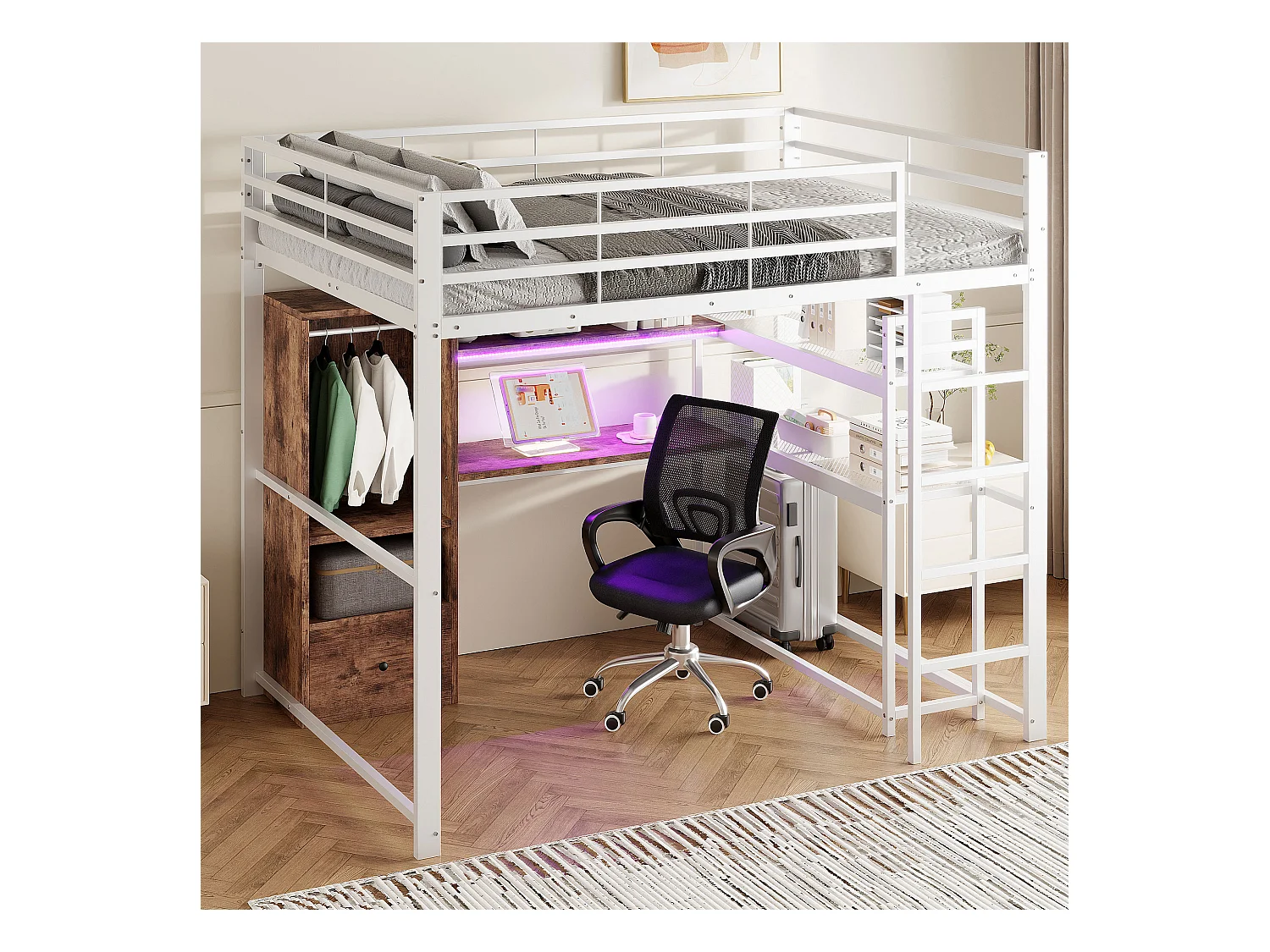 Cama mezanino de metal 140x200 cm com escrivaninha, armazenamento, LED, escada de design, branca