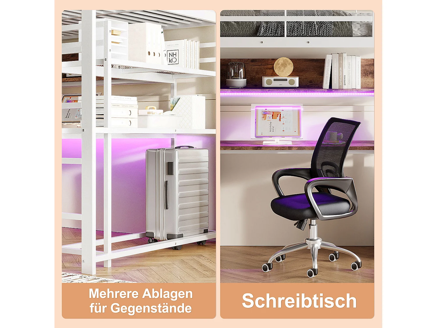 Soppalco illuminato 140x200 cm in metallo con Bureau Rangements LED Échelle Design Blanc