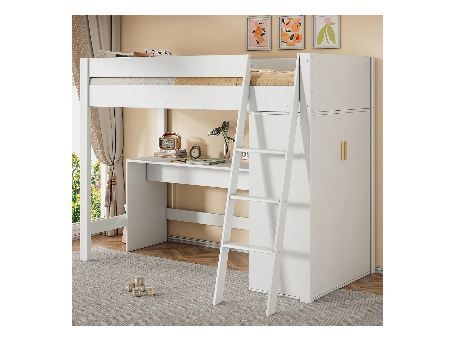 Cama alta infantil 90x200 cm madera maciza con escritorio y armario multifunción en color blanco