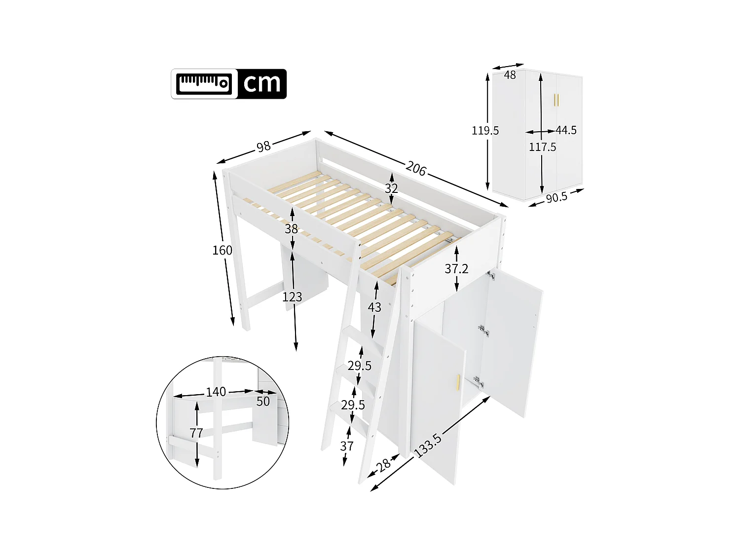 Cama alta infantil 90x200 cm madera maciza con escritorio y armario multifunción en color blanco