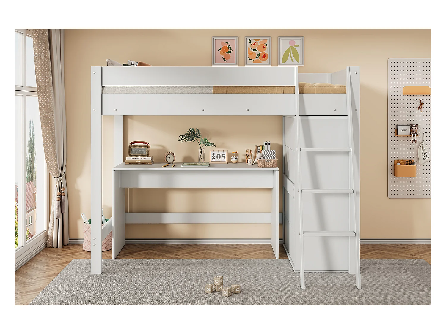 Cama alta infantil 90x200 cm madera maciza con escritorio y armario multifunción en color blanco