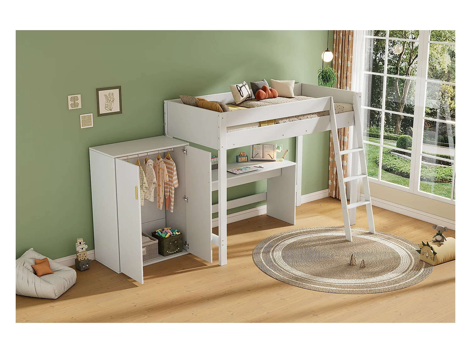 Cama alta infantil 90x200 cm madera maciza con escritorio y armario multifunción en color blanco