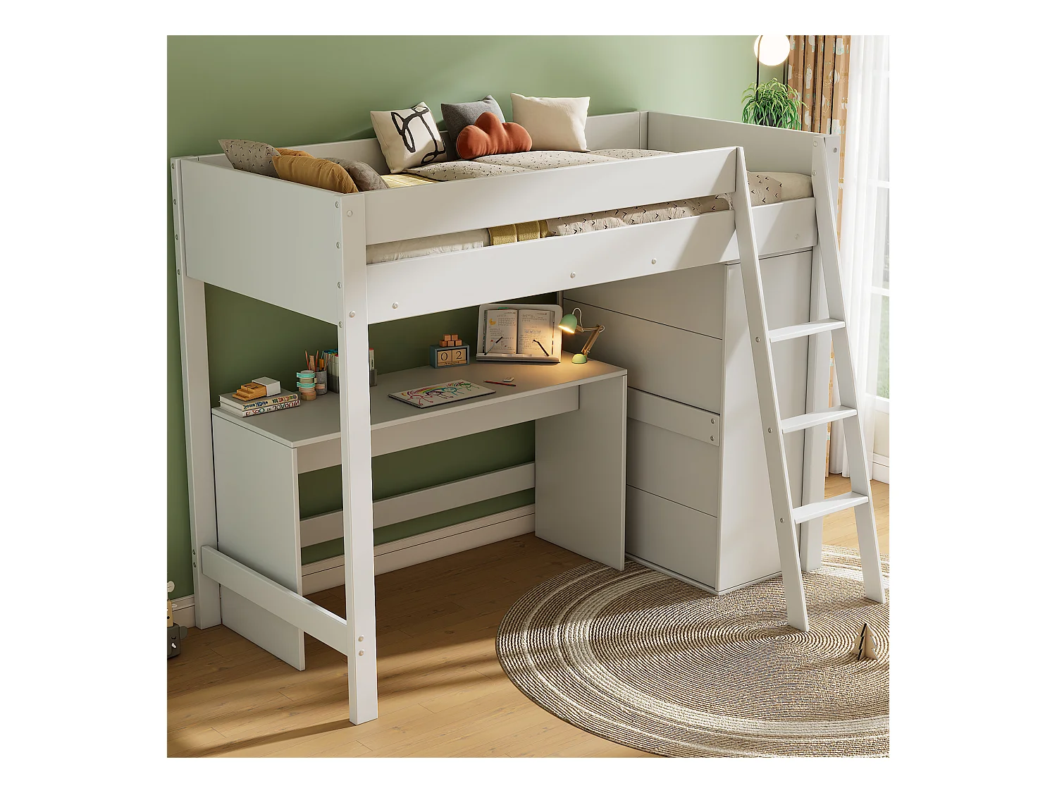 Cama alta infantil 90x200 cm madera maciza con escritorio y armario multifunción en color blanco