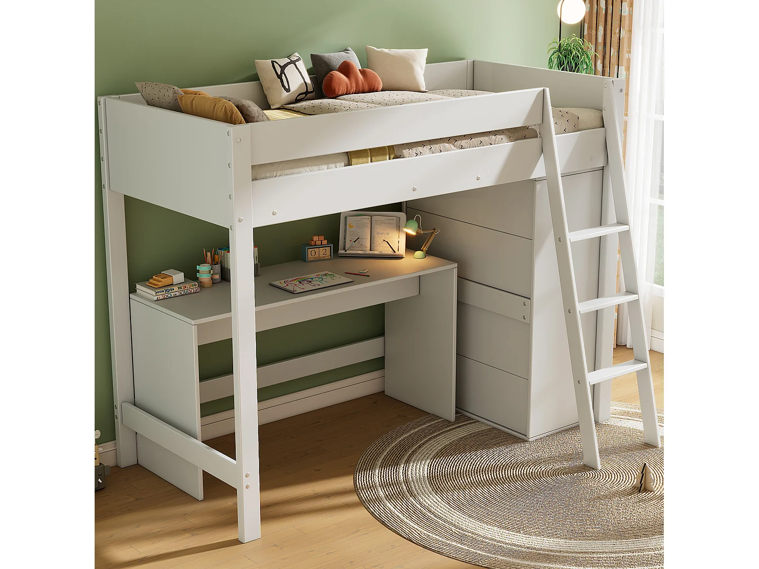 Cama alta infantil 90x200 cm madera maciza con escritorio y armario multifunción en color blanco