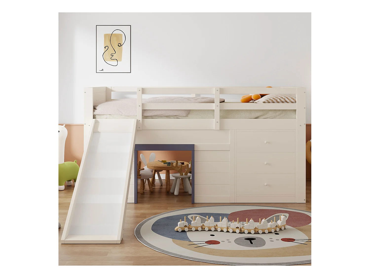 Lit mezzanine 140x200 cm bois massif avec toboggan rangements et portes crème