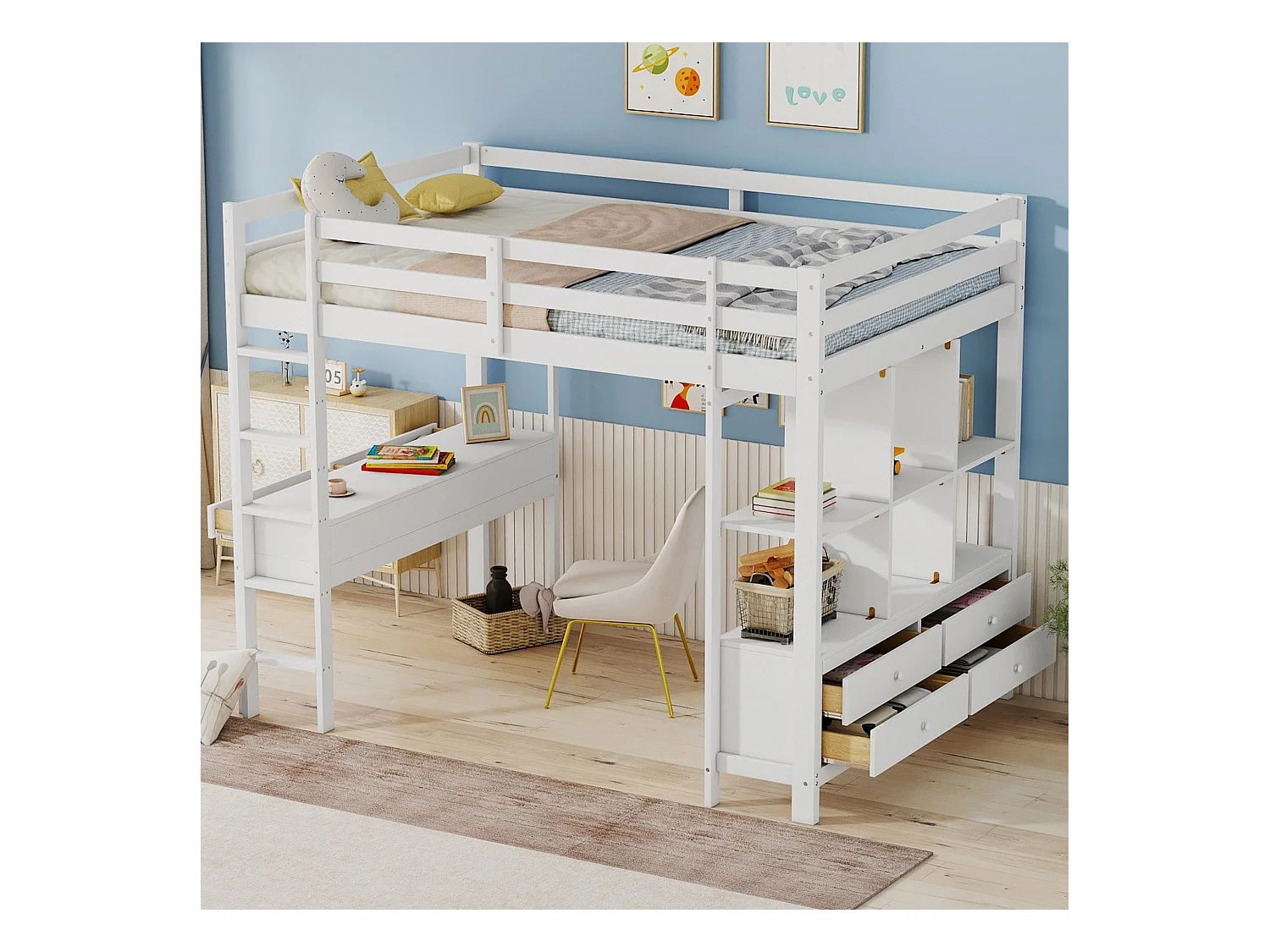 Cama mezanino infantil 140x200 cm madeira com escrivaninha e gavetas, sem colchão, branca