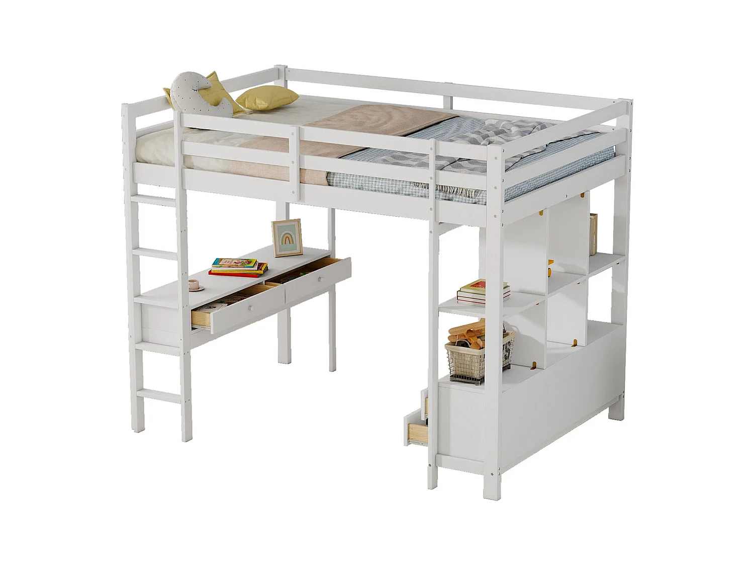 Cama mezanino infantil 140x200 cm madeira com escrivaninha e gavetas, sem colchão, branca