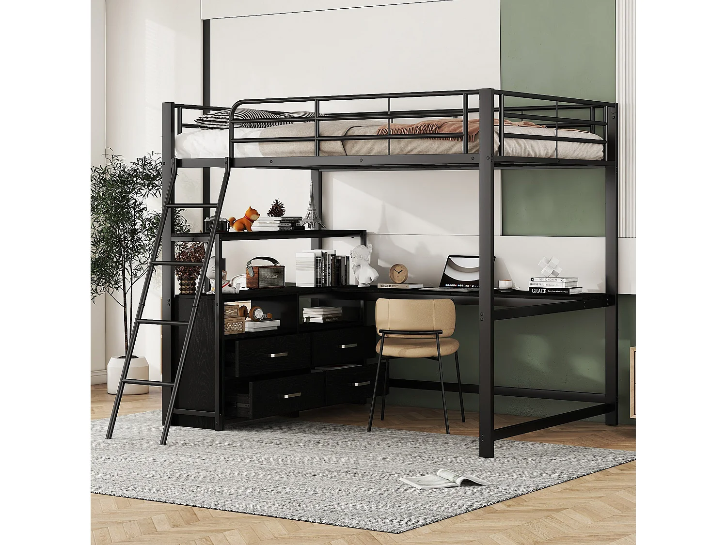 Cama alta 140x200 cm Metal, secretária L, gavetas práticas, design laminado, preto