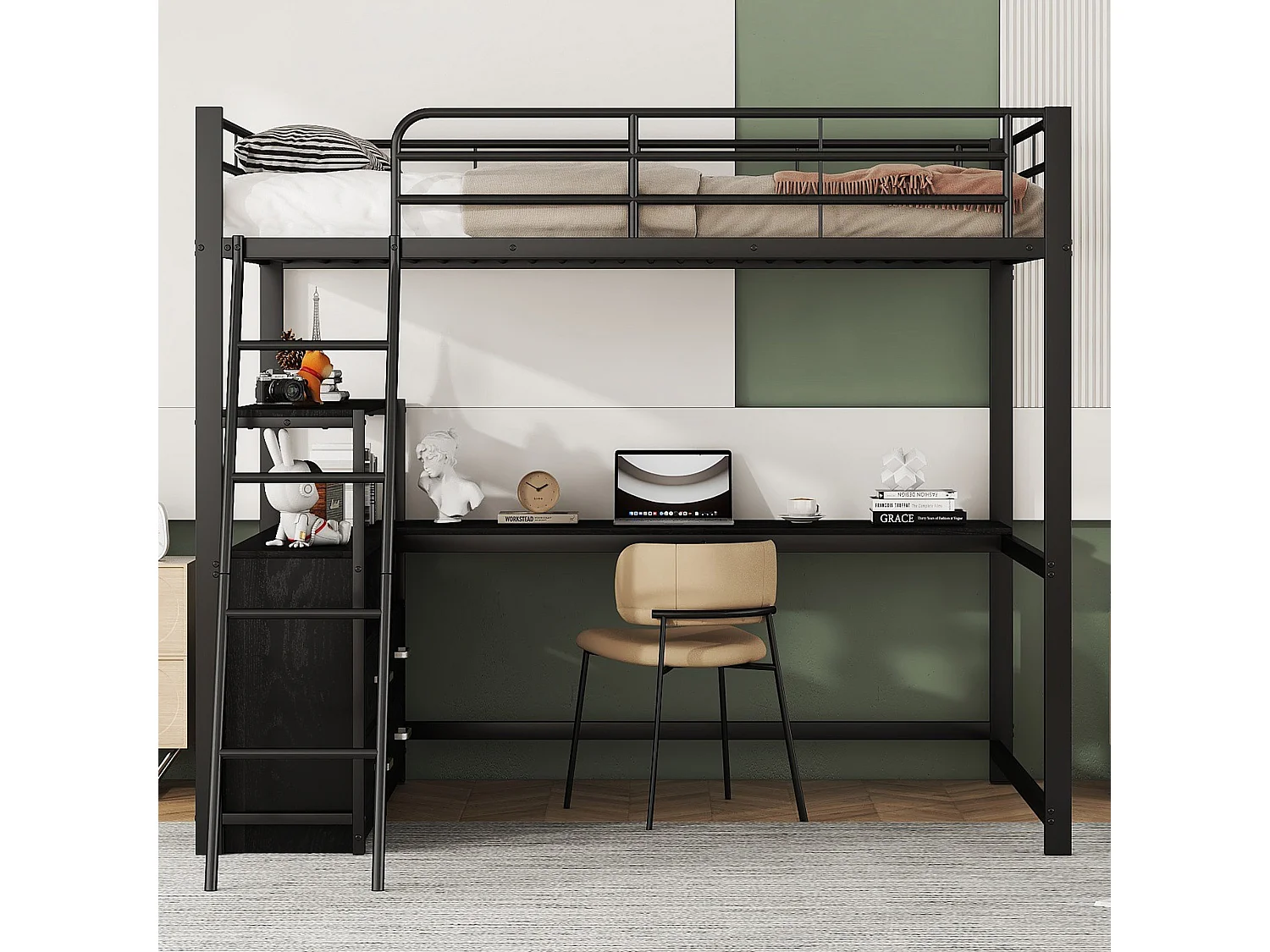 Cama alta 140x200 cm Metal, secretária L, gavetas práticas, design laminado, preto