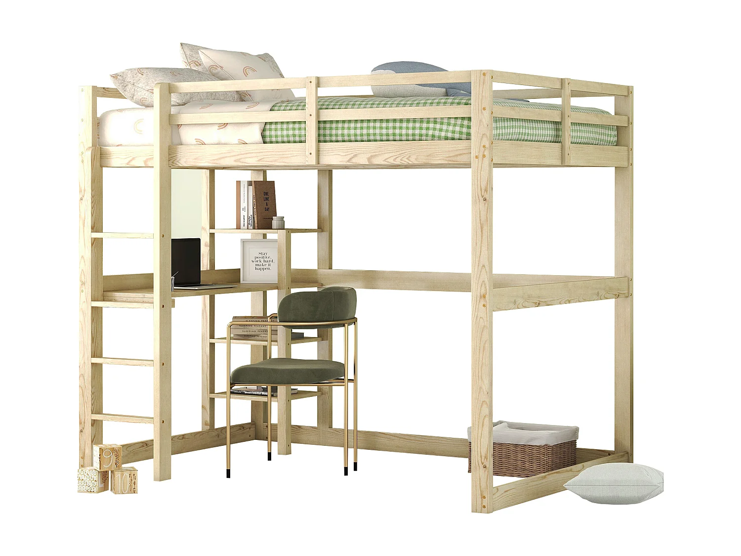 Cama alta infantil 140x200 madera de pino natural con escritorio y almacenaje