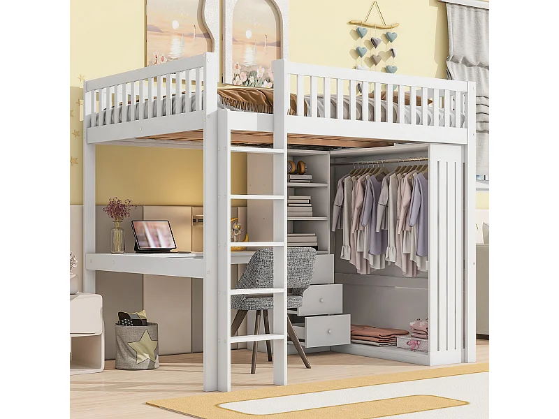Cama mezanino 90x200cm em madeira MDF com escrivaninha, guarda-roupa, gavetas e espaço aberto, branco