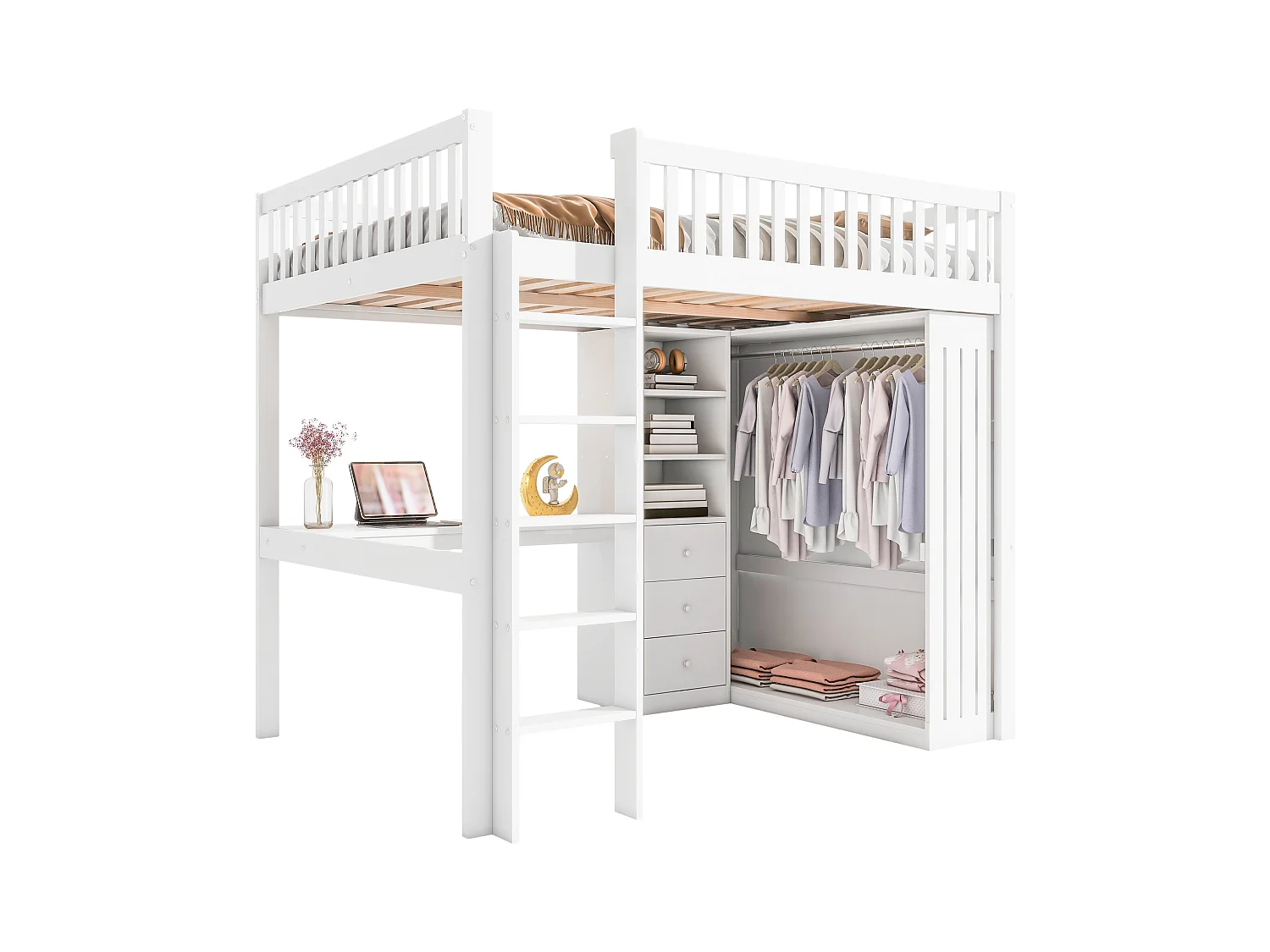 Cama alta de 90x200 cm en madera MDF con escritorio, armario, cajones y almacenaje abierto, color blanco