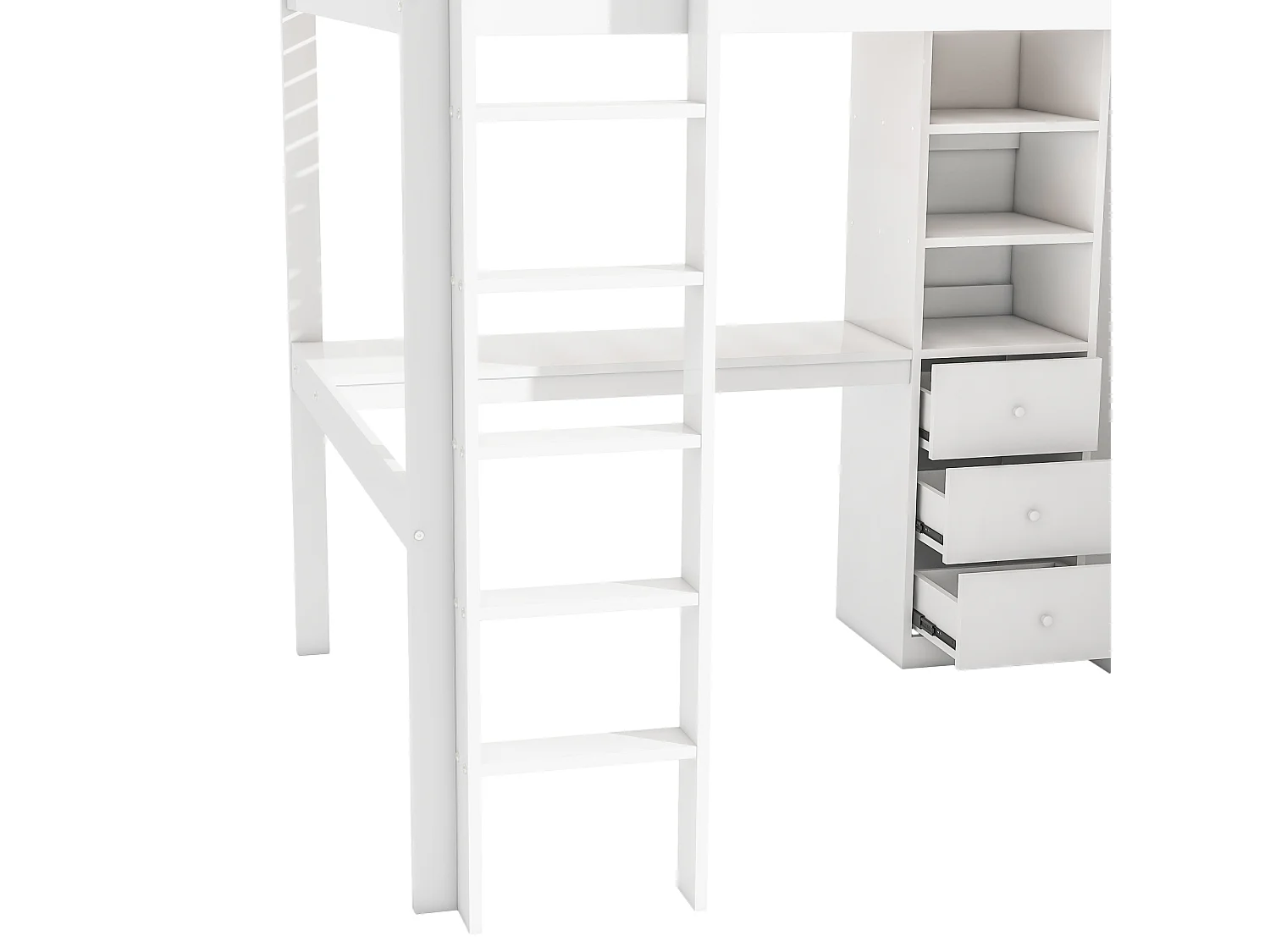 Soppalco illuminato 90x200 cm in legno MDF con scrittoio, armadio, cassettiere e armadi aperti, bianco