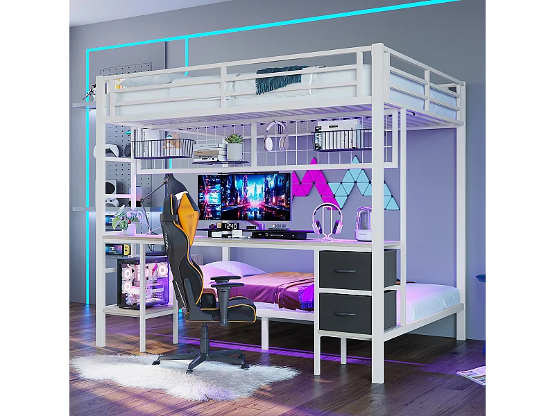 Cama alta infantil 90x200 y 140x200 de metal con escritorio, almacenaje, LED 7 colores y USB blanco