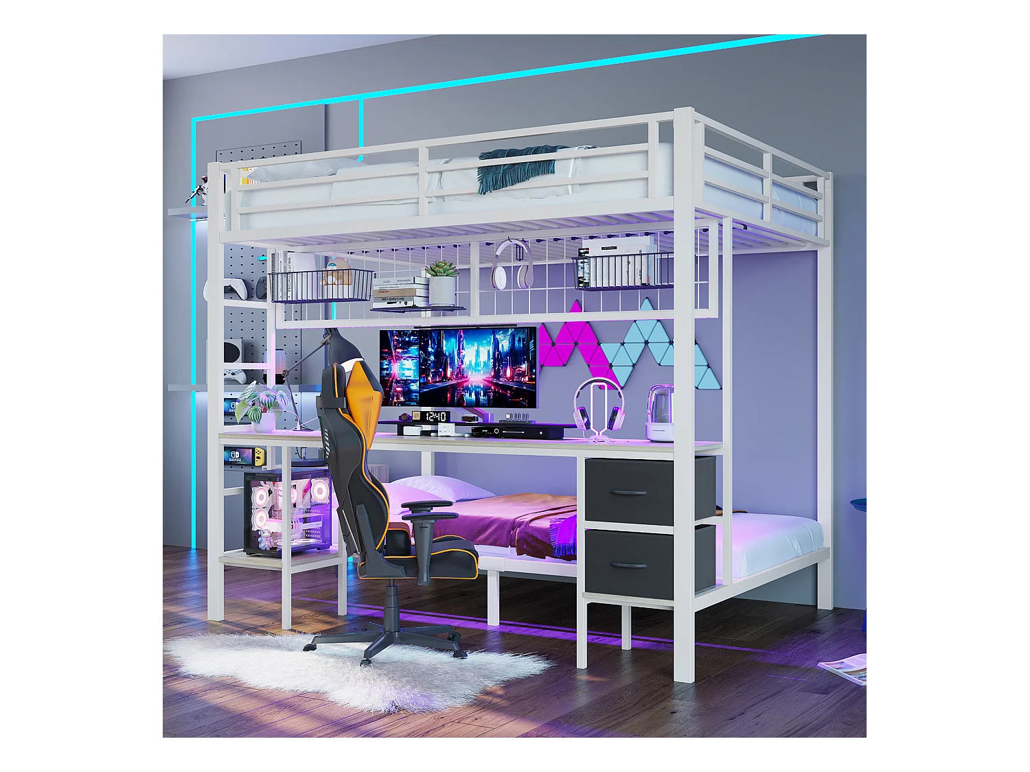 Cama alta infantil 90x200 y 140x200 de metal con escritorio, almacenaje, LED 7 colores y USB blanco