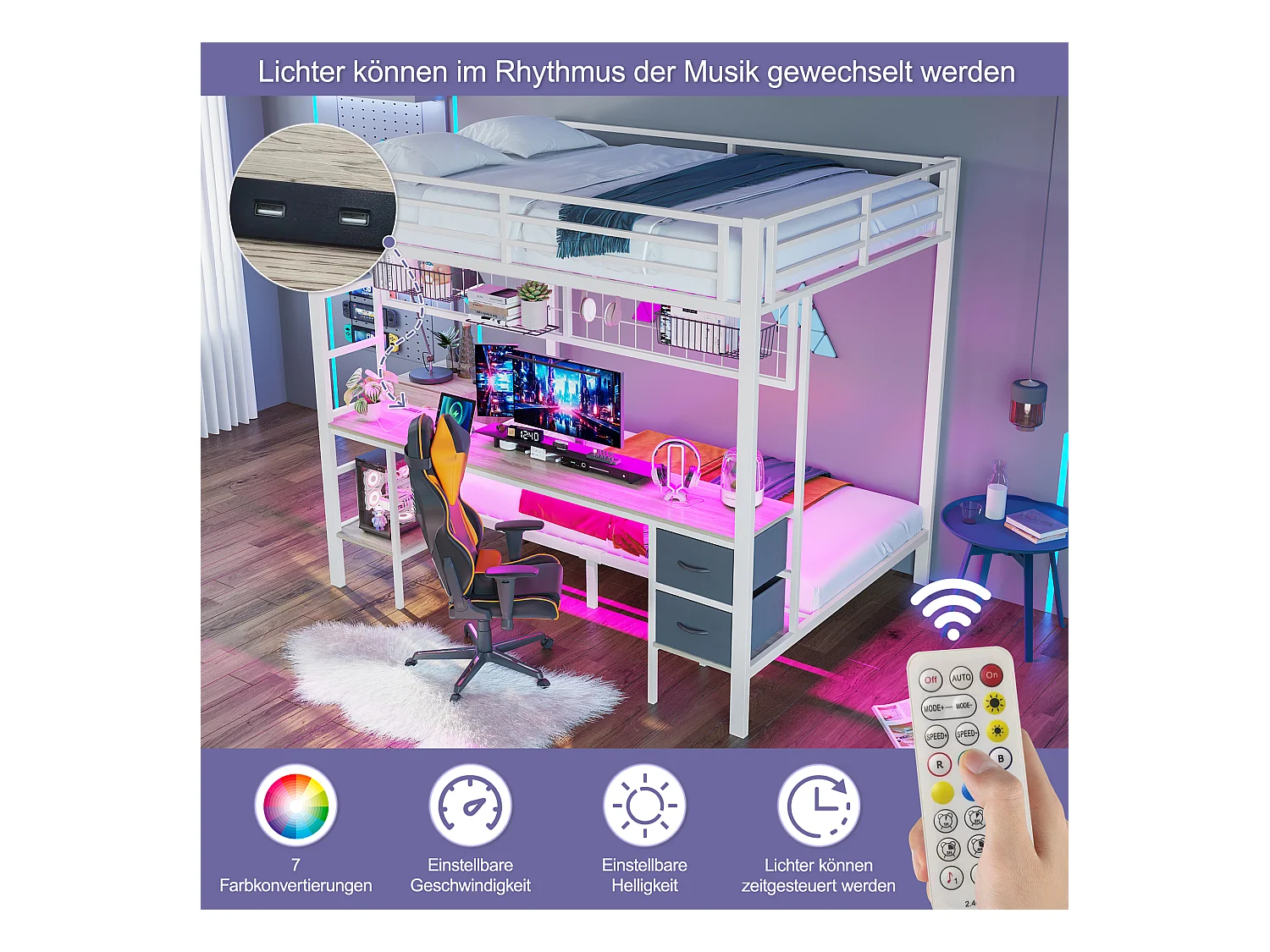 Cama alta infantil 90x200 y 140x200 de metal con escritorio, almacenaje, LED 7 colores y USB blanco