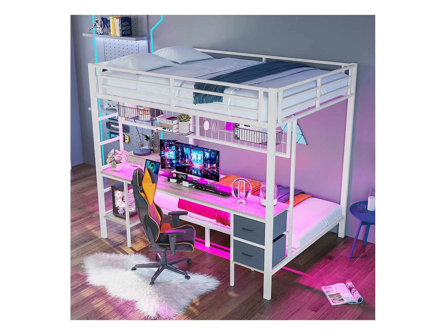 Cama alta infantil 90x200 y 140x200 de metal con escritorio, almacenaje, LED 7 colores y USB blanco