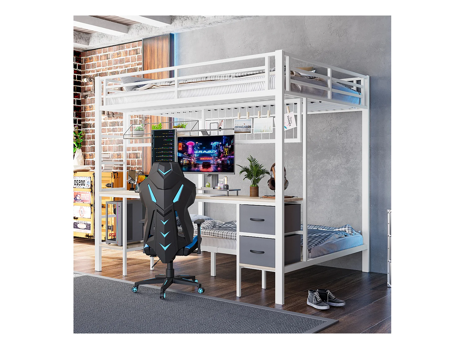 Cama alta infantil 90x200 y 140x200 de metal con escritorio, almacenaje, LED 7 colores y USB blanco