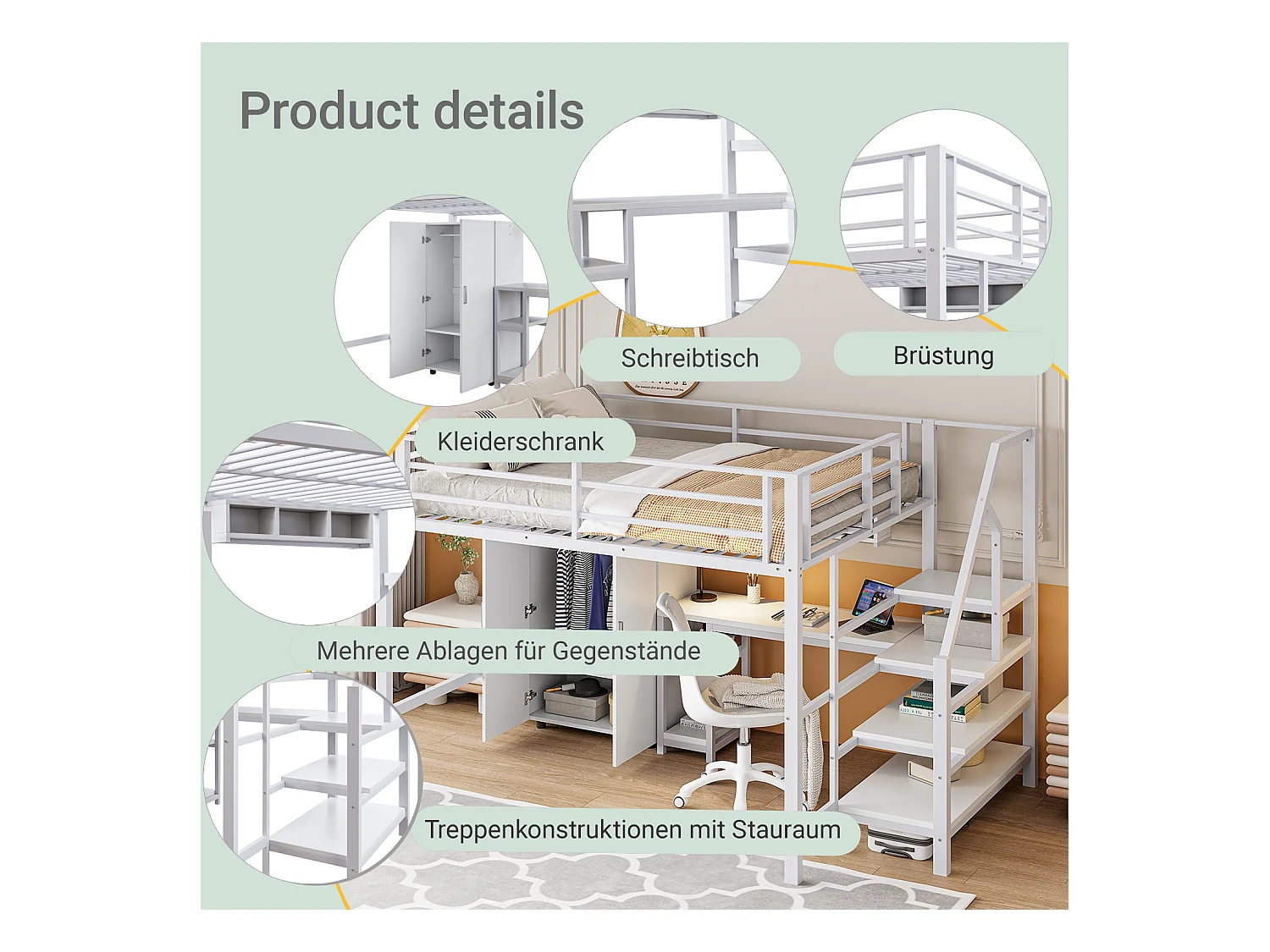 Cama alta infantil 140x200 cm metal e MDF com escrivaninha, prateleiras e guarda-roupa branco sem colchão