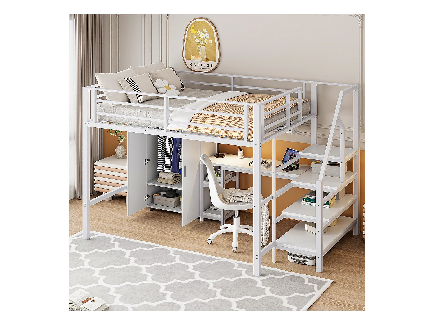 Cama alta infantil 140x200 cm metal e MDF com escrivaninha, prateleiras e guarda-roupa branco sem colchão