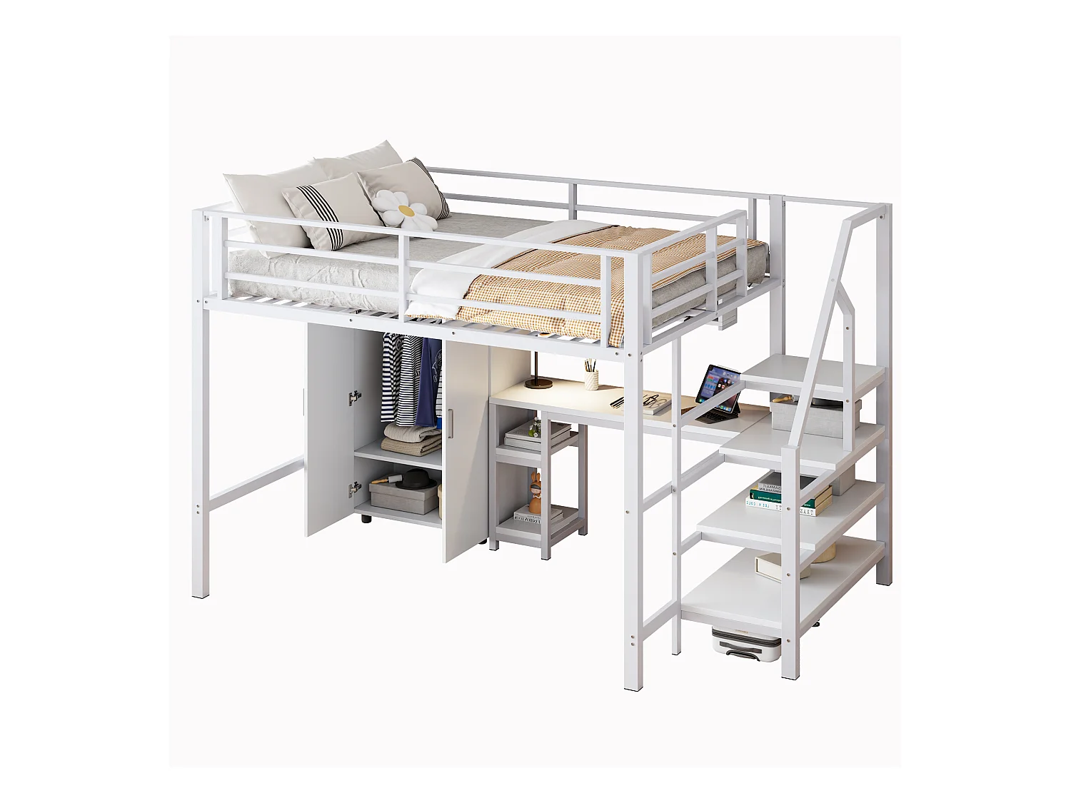 Cama alta infantil 140x200 cm metal e MDF com escrivaninha, prateleiras e guarda-roupa branco sem colchão