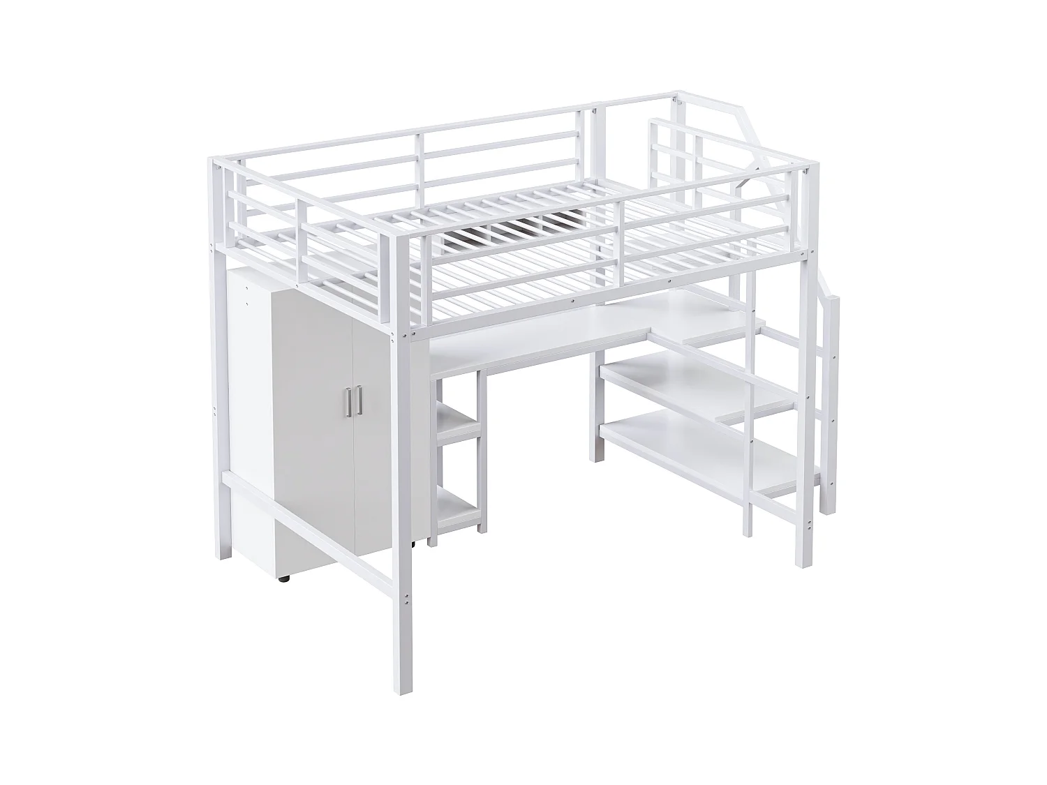 Cama alta infantil 140x200 cm metal e MDF com escrivaninha, prateleiras e guarda-roupa branco sem colchão