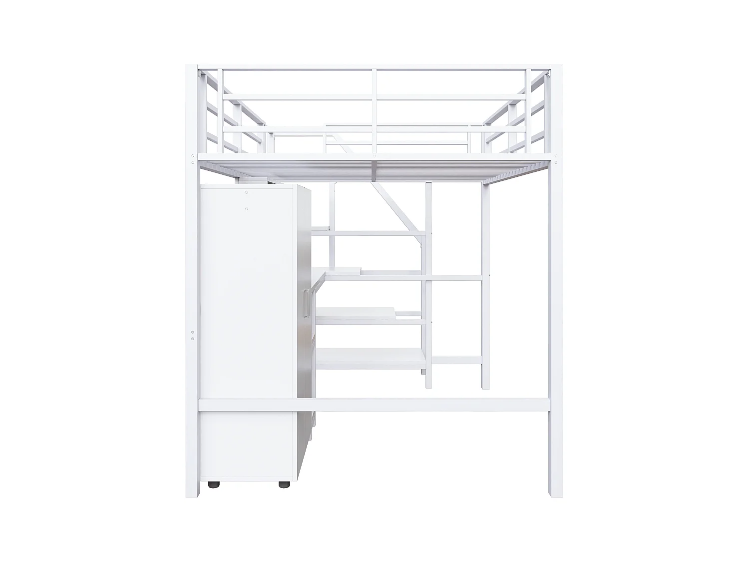 Cama alta infantil 140x200 cm metal e MDF com escrivaninha, prateleiras e guarda-roupa branco sem colchão