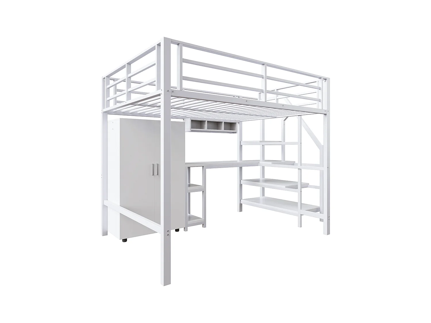 Cama alta infantil 140x200 cm metal e MDF com escrivaninha, prateleiras e guarda-roupa branco sem colchão